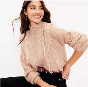 LOFT Beige Tan Boho Fringe Pullover Mock Neck Sweater